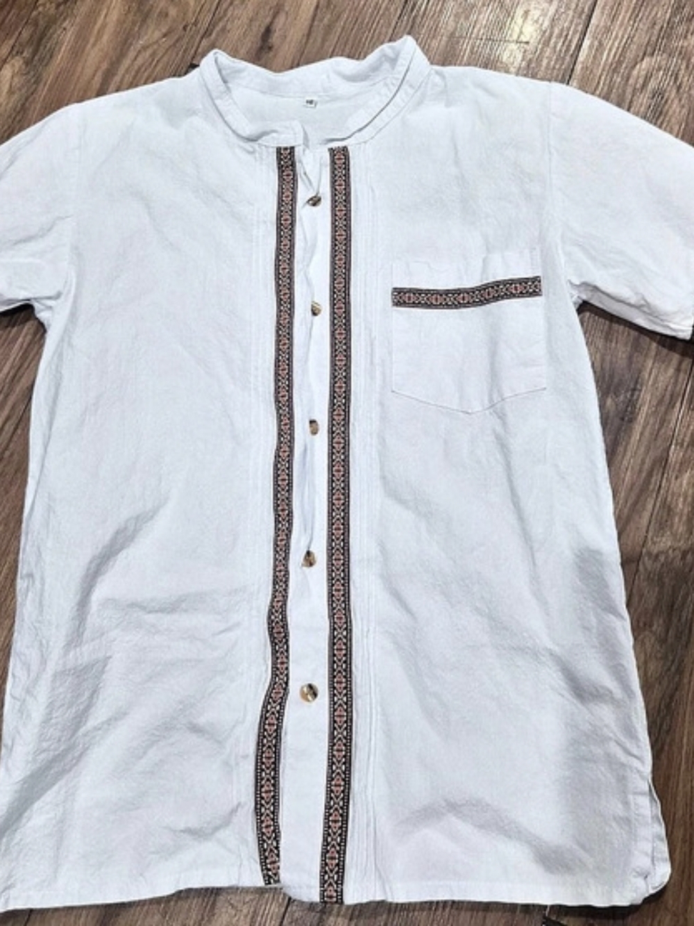Geometric Trim Button Down Shirt Size 12/14 Boys  Like New-Guayavera
